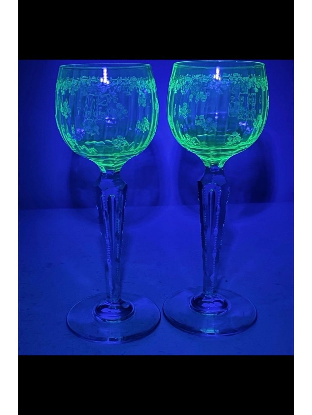 Vintage Bohemian Roemer Crystal Uranium Etched Glasses set of 2